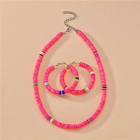 Women's Fashion Jewelry Pink Polymer Clay Necklace and Earrings Set - Picture 5 of 5